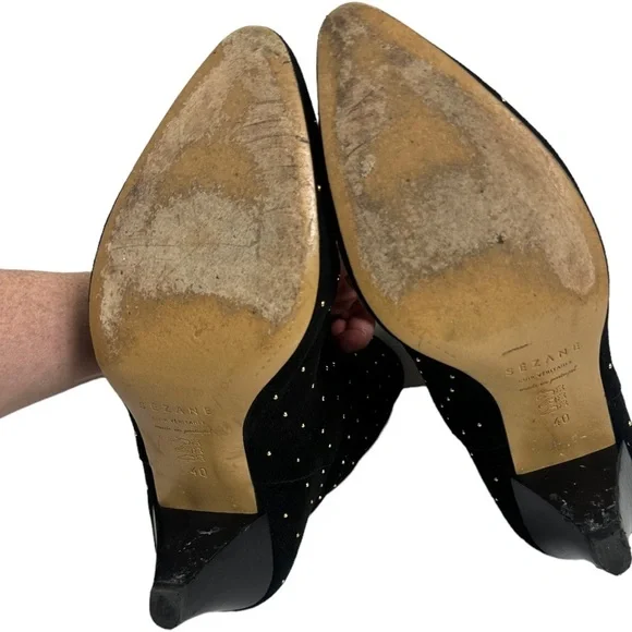 Sezane Studded Suede Leather Boots Size 40 French or US 9 Black Ankle Heeled Low - Picture 13 of 13